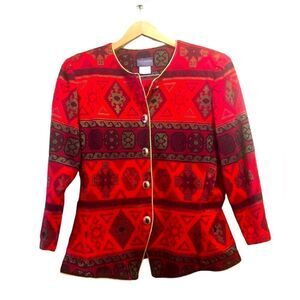 Vintage Tina Barrie Aztec Print Red/Black Gold Buttons Jacket Women’s Sz 16